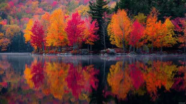 Colorful fall leaves wallpaper displaying vibrant red yellow and orange foliage reflected in a calm lake.