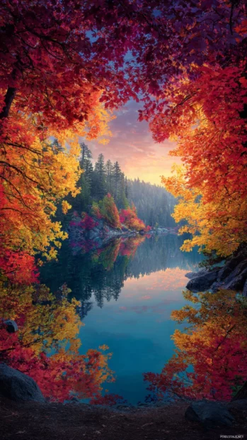 Colorful fall leaves wallpaper iphone layout showing vibrant multicolored foliage framing a tranquil lake scene.