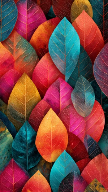 Colorful fall vibes wallpaper with multicolored leaf collage in geometric pattern.