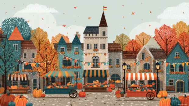 Colorful fall village square hosting a Thanksgiving festival with banners, pumpkin carts, and festive lights.