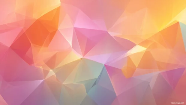 Colorful geometric desktop wallpaper showcasing overlapping pastel polygons dancing in sunshine tones.