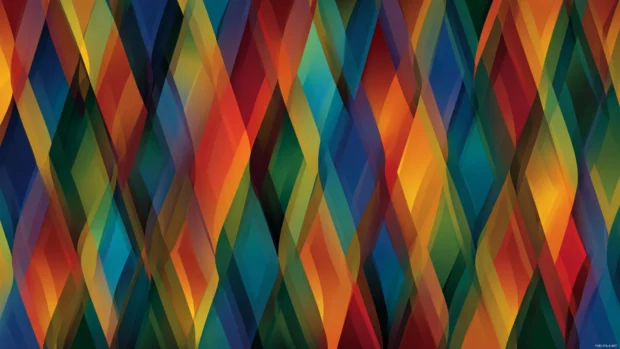 Colorful modern geometric wallpaper displaying interlacing diamond shapes in energetic rainbow hues.