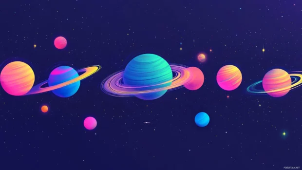 Colorful planets aligned in a cosmic dance wallpaper 2560x1440 creating a surreal space scene.