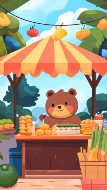 Colorful street food market with a Cute Bear selling mochi.