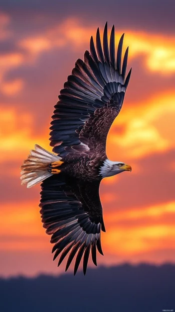 Cool Eagle caught mid flight against a vivid sunrise sky.