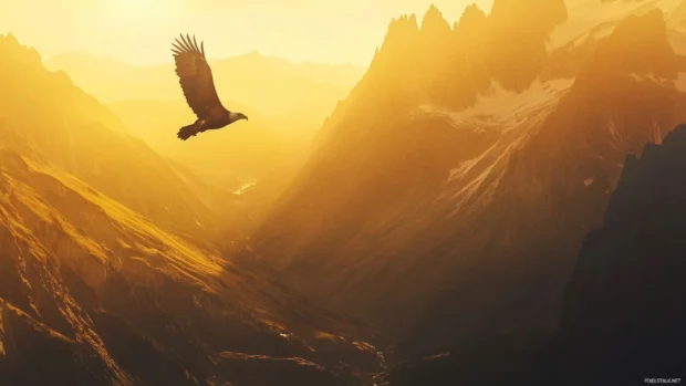 Cool Eagle circling above an alpine valley during golden hour.