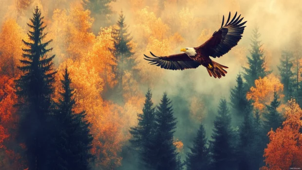 Cool Eagle flies above a forest ablaze with autumn colors.