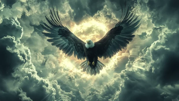 Cool Eagle framed by stormy clouds with a glowing aura.