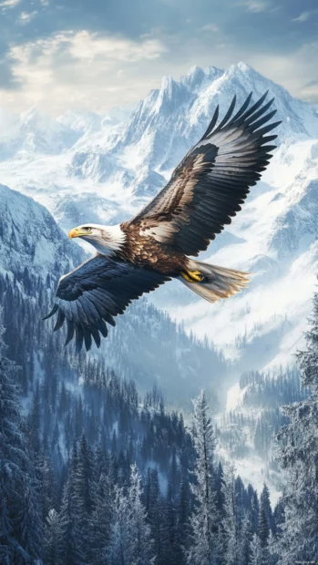Cool Eagle gliding smoothly over a snowy wilderness.