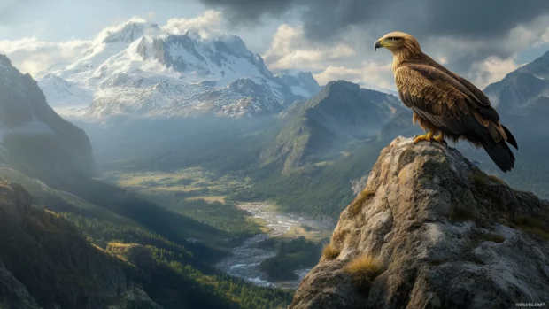 Cool Eagle perched on a rocky peak, scanning the valley below.