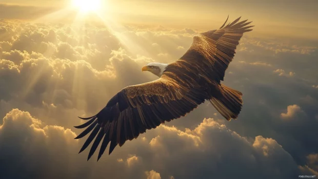 Cool Eagle soaring high above the clouds with sunlight hitting its wings.