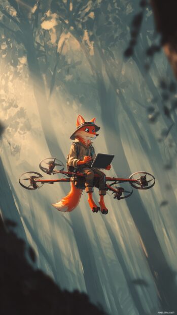 Cool Fox flying a drone over a forest canopy, tablet in hand, explorer tech look, crisp morning light.