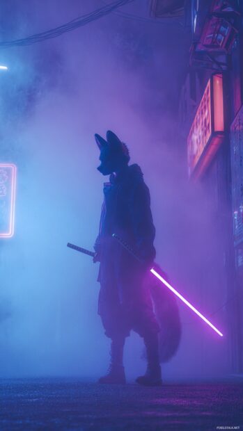 Cool Fox holding a neon katana in a misty cyberpunk alley, purple and blue lights casting dramatic shadows.