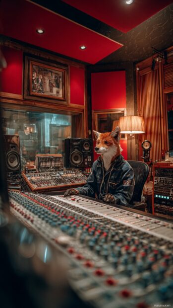 Cool Fox in a music studio adjusting mixing boards, red acoustic panels and vintage mic setup, creative energy.