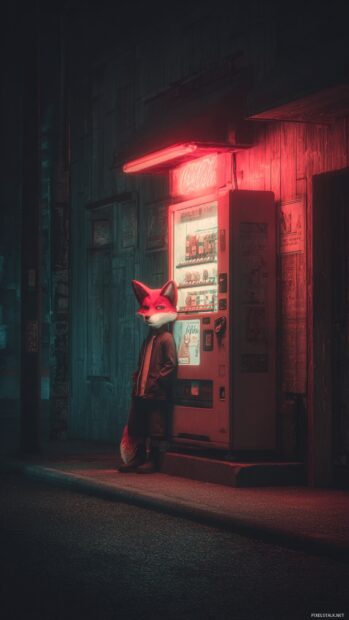 Cool Fox leaning against a vending machine lit by soft red glow, quiet street corner, moody expression.