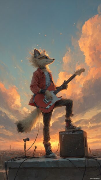 Cool Fox playing electric guitar on a rooftop stage under sunset skies, wind in fur, power and confidence.