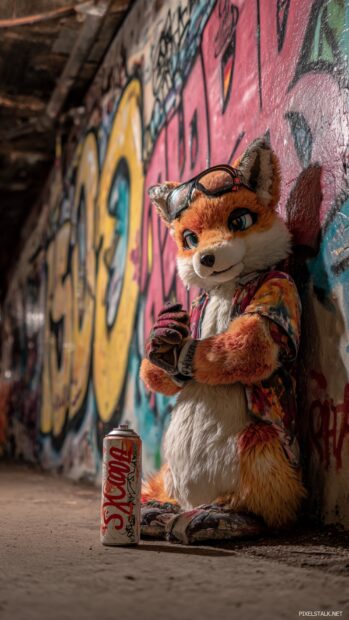 Cool Fox posing with a graffiti spray can in an underground tunnel, bold colors and stylish urban rebellion.