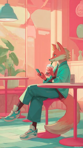 Cool Fox sipping bubble tea while scrolling a phone, neon cafe interior, warm pink and teal tones, relaxed style.