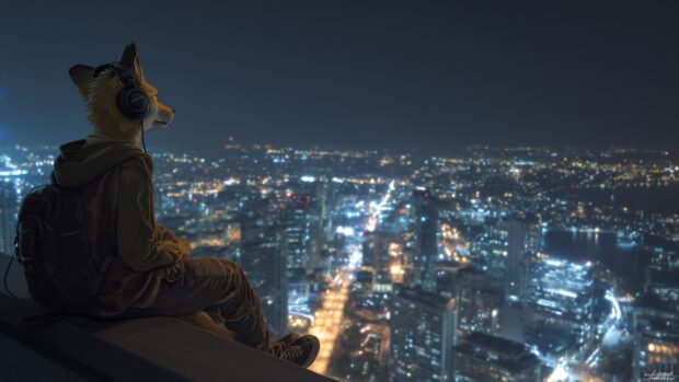 Cool Fox sitting on a high rise edge overlooking the night city skyline, headphones on, lost in music and thought.