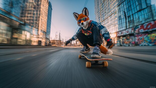 Cool Fox skateboarding down a modern city boulevard, motion blur and confident expression, graffiti and glass buildings.