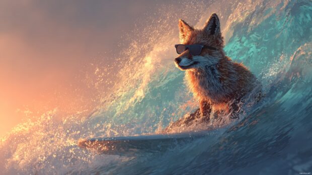 Cool Fox surfing on a massive ocean wave at sunrise, sunglasses on, fur wet and windblown, thrilling beach energy.