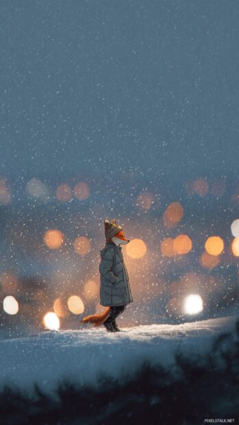 Cool Fox walking alone through snowfall wearing a puffer coat and beanie, soft city lights glowing in the distance.