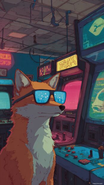 Cool Fox with pixel glasses in a retro arcade room, glowing machines and vibrant reflections, nostalgic feel.