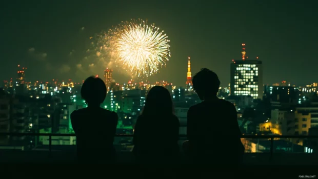Cool Japanese city rooftops where young people gather to watch fireworks lighting up the sky.