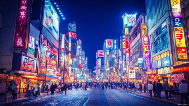 Cool Japanese cityscape wallpaper at night with neon lights and bustling streets.