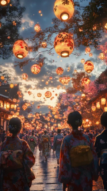 Cool Japanese festival wallpaper showing people in yukata dancing under lanterns.