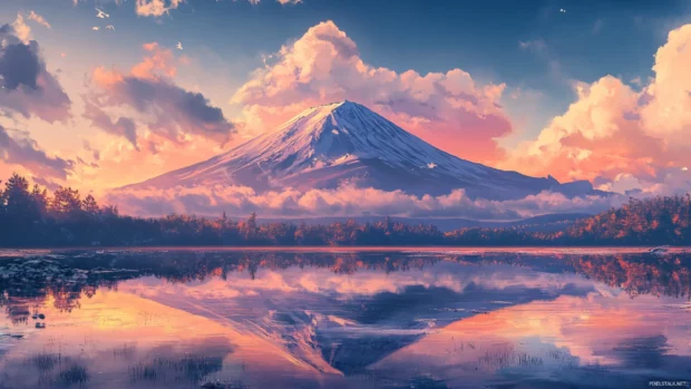 Cool Japanese landscape wallpaper featuring Mount Fuji with dramatic sky and reflections.