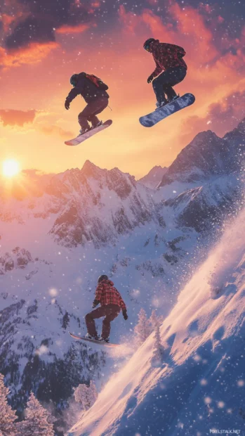 Cool Japanese snowboarders flying through the air above snowy mountains at sunrise.