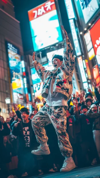 Cool Japanese street dancers performing under bright city lights with a cheering crowd.