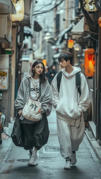 Cool Japanese street fashion on display with young people walking confidently through narrow alleys.