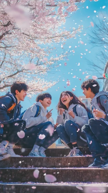 Cool Japanese students laughing together on school steps with sakura petals swirling around.
