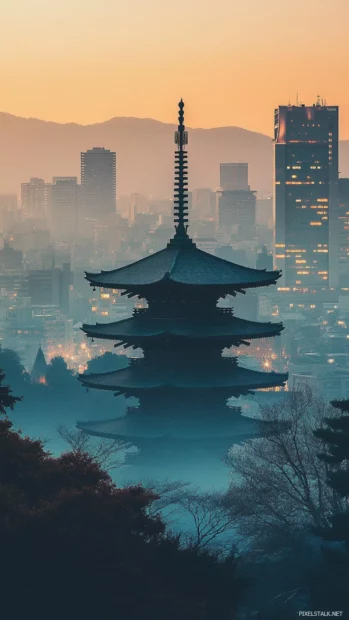 Cool Japanese temples blending ancient architecture with modern cityscapes in the distance.