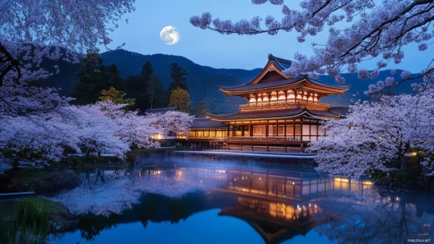 Cool Japanese traditional temple wallpaper surrounded by cherry blossoms under moonlight.