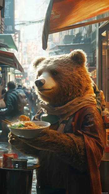 Cool bear eating ramen at a street stall with clean backdrop.