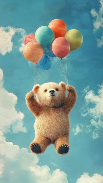 Cool bear holding balloons floating in a blue sky.