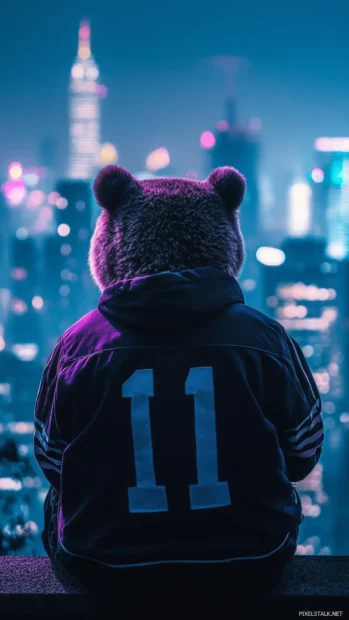 Cool bear in a varsity jacket looking at the city skyline.