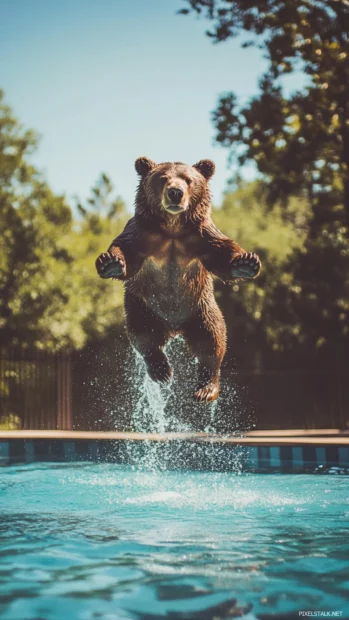 Cool bear jumping into a pool with clear background.