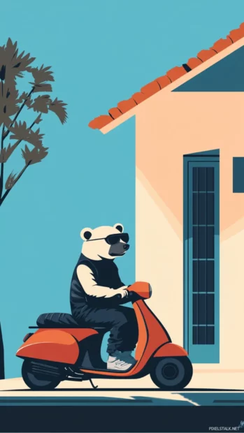 Cool bear on a scooter in a minimalist suburban setting.