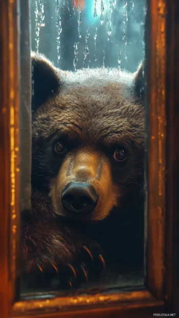 Cool bear peeking through a window on a rainy day.
