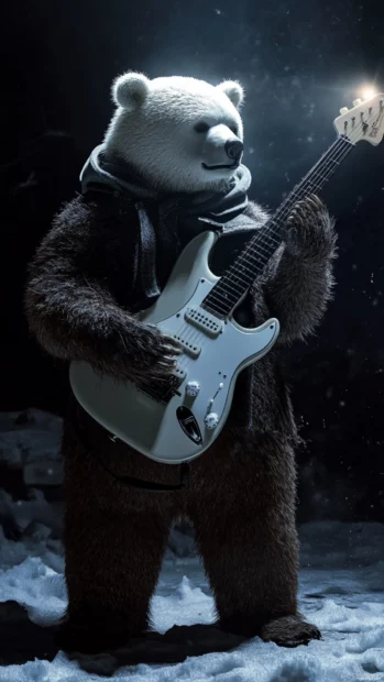 Cool bear playing electric guitar with spotlight effect.