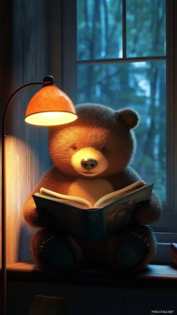 Cool bear reading a book under a simple lamp light.