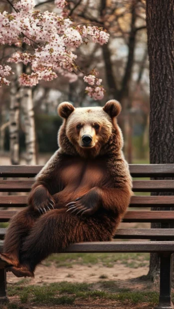 Cool bear relaxing on a park bench during spring.