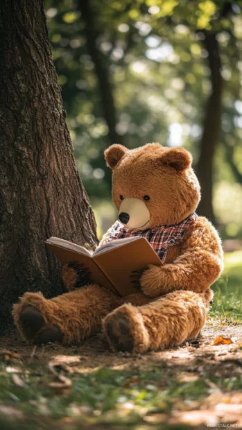 Cool bear sketching in a notebook under a tree.