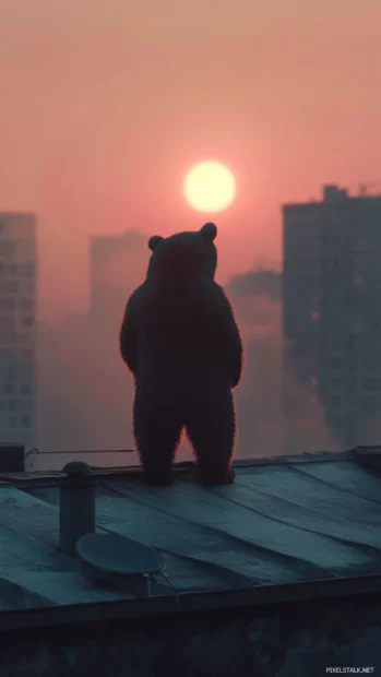 Cool bear standing on a rooftop at dusk.