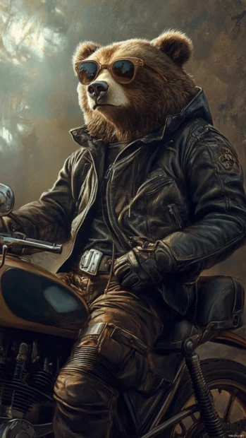 Cool bear wallpaper illustrating a bear wearing a leather jacket and sunglasses leaning against a motorcycle.