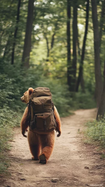 Cool bear with backpack hiking along an open trail.